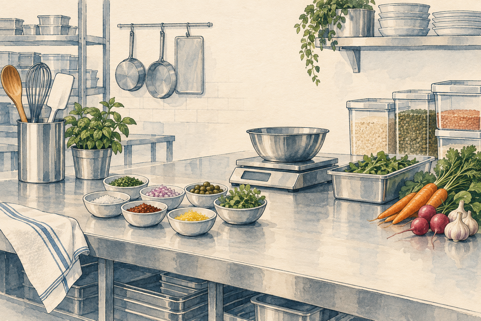 Watercolor illustration of a generic kitchen preparation area with bowls, storage containers and a scale.